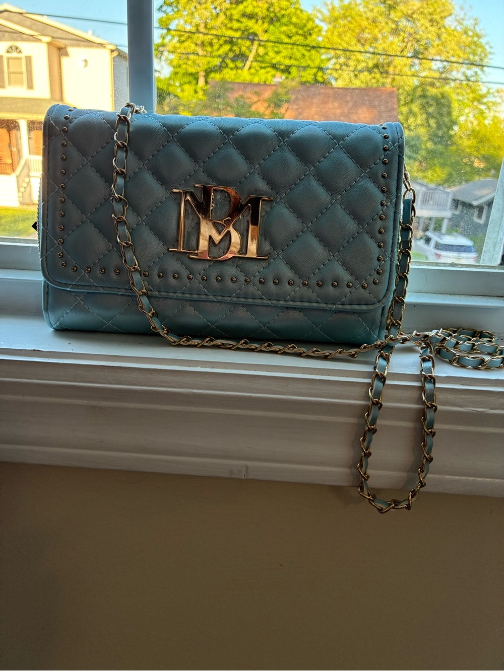 Bagdly Mischka Quilted Chain Shoulder Bag in Light Blue with Gold Hardware